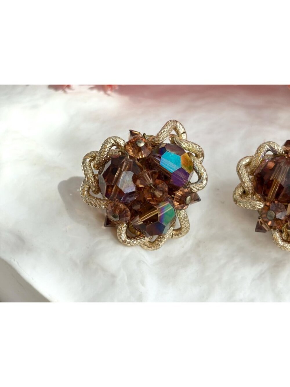 80's Aurora Borealis Amber Iridescent Rhinestone Vintage Clip On Stud Earrings